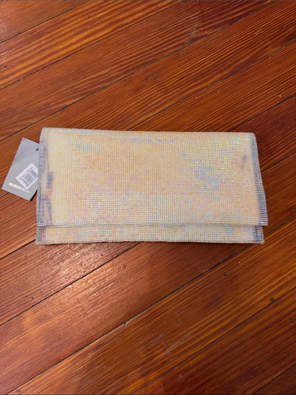 New Nordstrom Iridescent Cream Crystal Clutch with removable chain